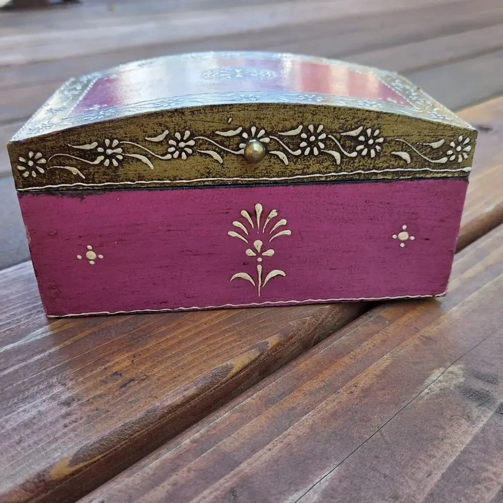 World Market Micheala Dome Jewelry Box Hand Painted India Boho Folk Art